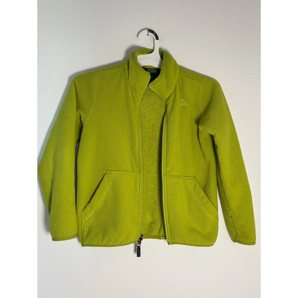 LL Bean Kids Full Zip Fleece Jacket Lime Green Sherpa Lined Mock Neck XL 18-20